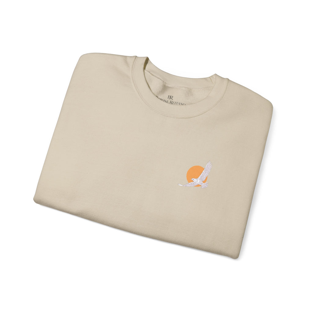 Minimal Sunrise Crewneck Sweatshirt  Small Sun & Feather Chest Graphic