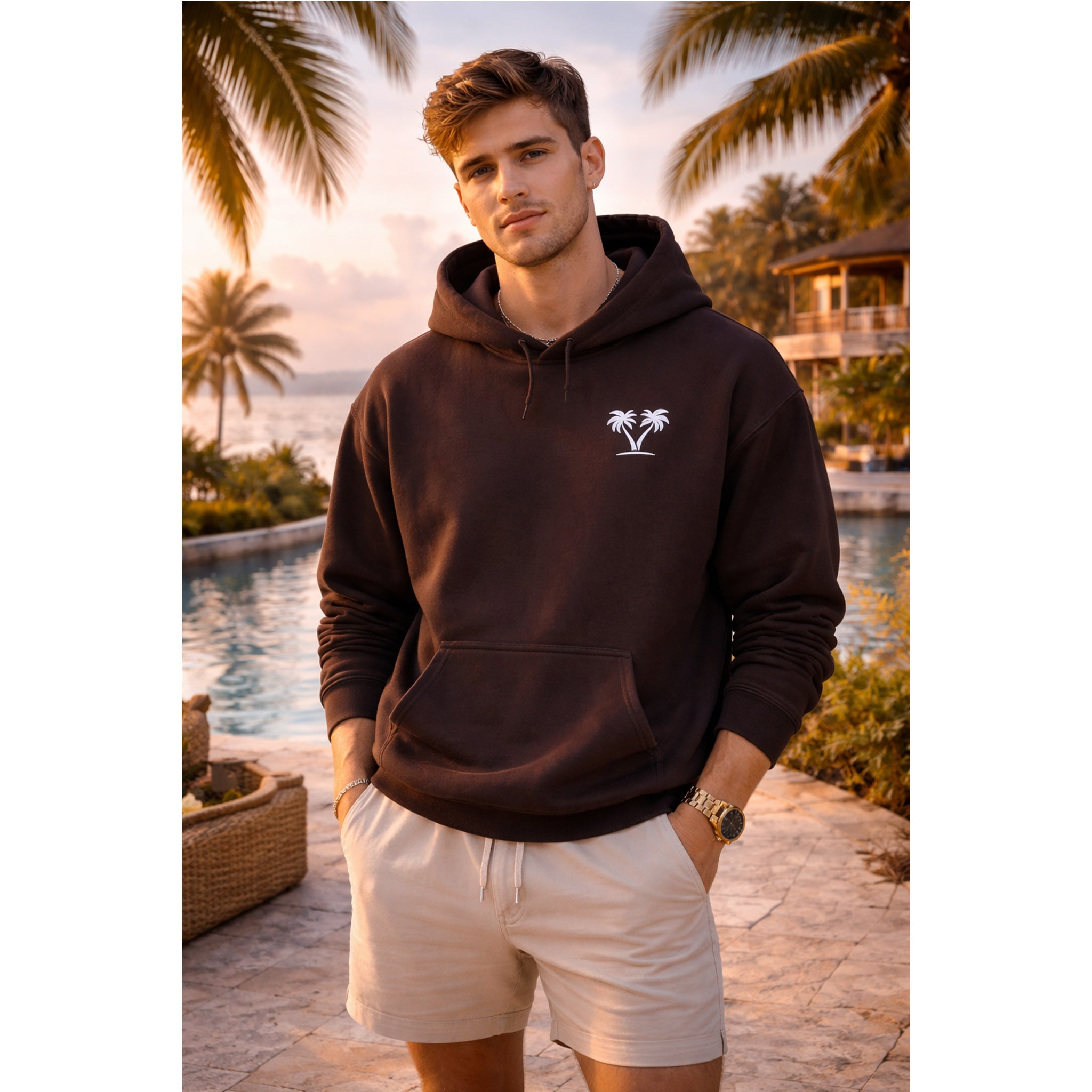 Brown Streetwear Hoodie with Palm