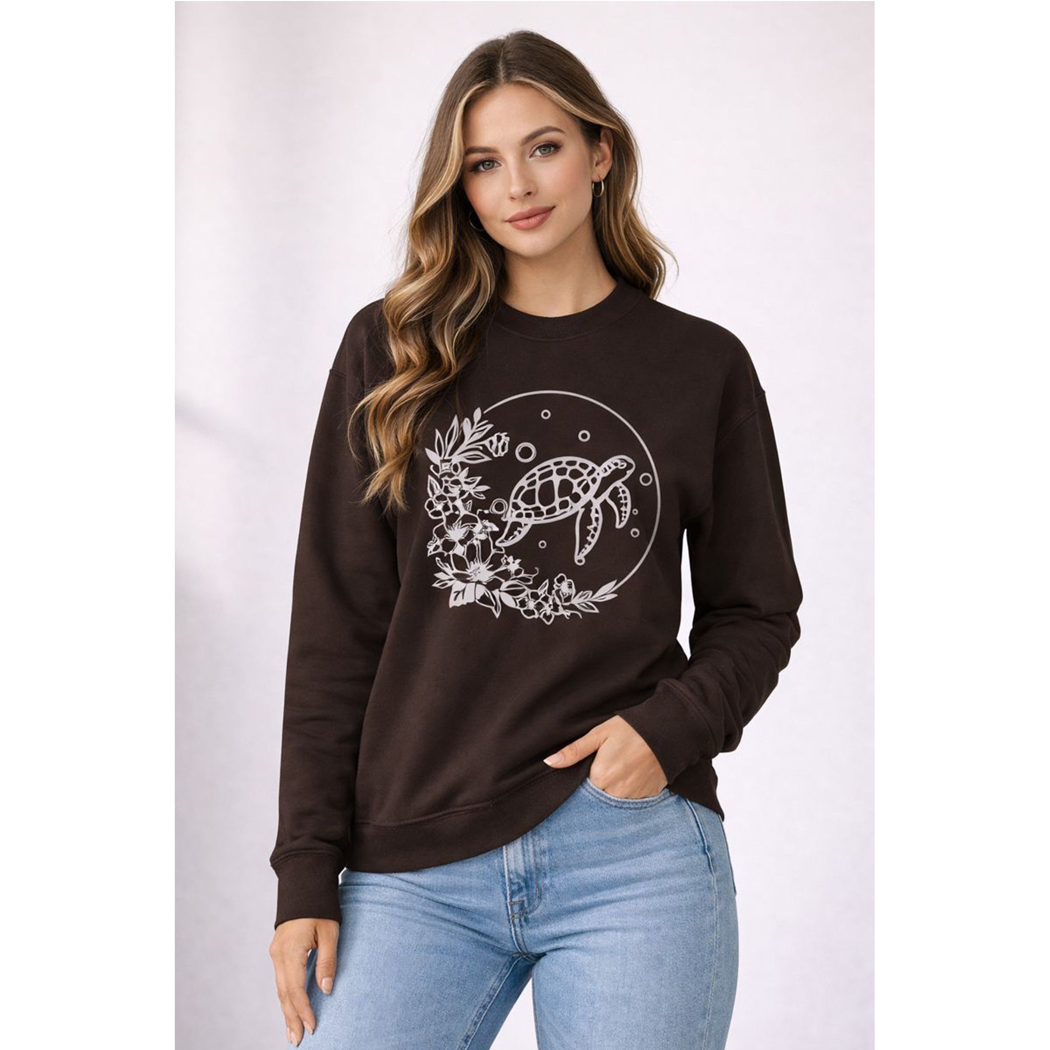Sea Turtle Floral Crewneck Sweatshirt  Moonlit Ocean Turtle Graphic