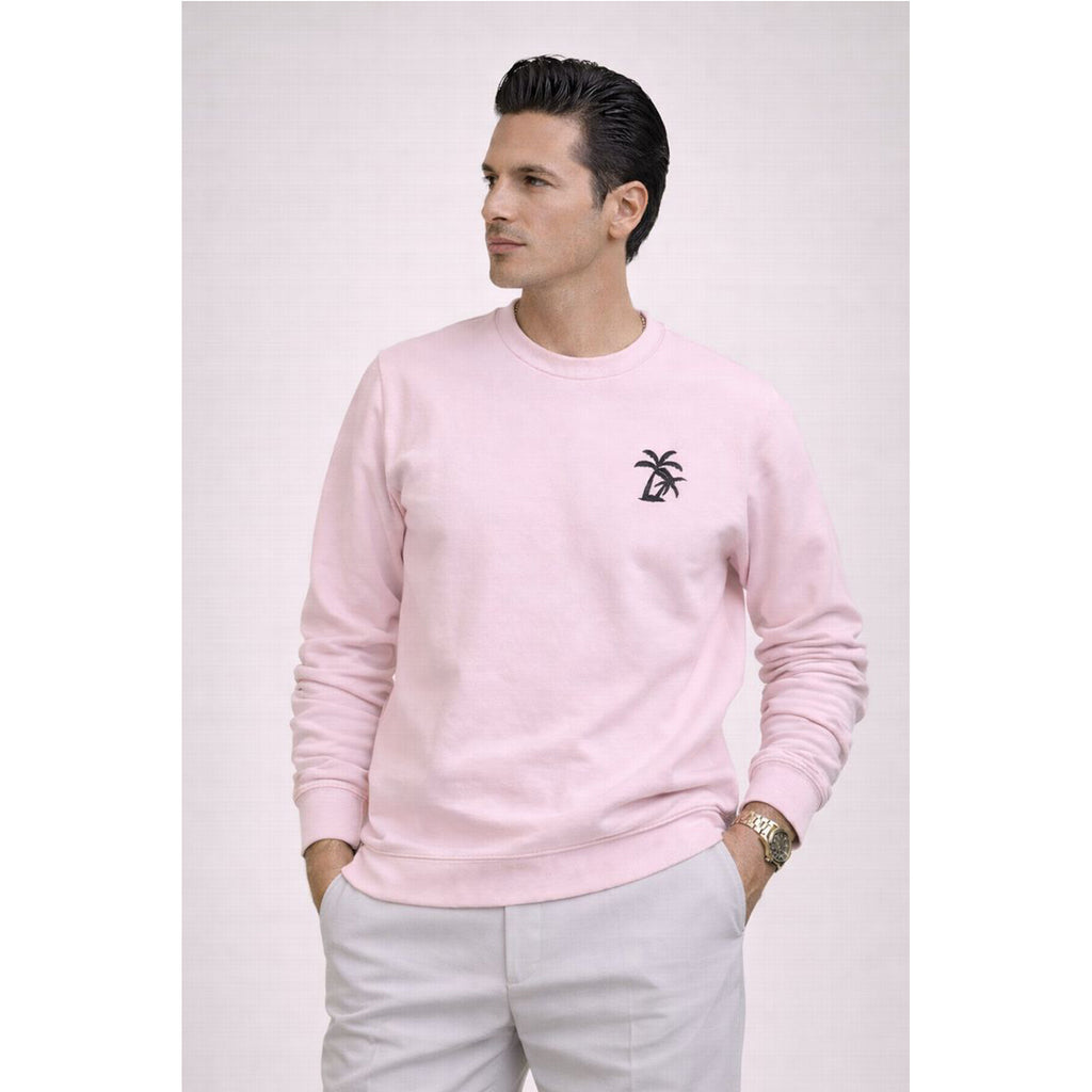 Pink Palm Crewneck Sweatshirt — Small Palm Tree Chest Embroidered Sweatshirt