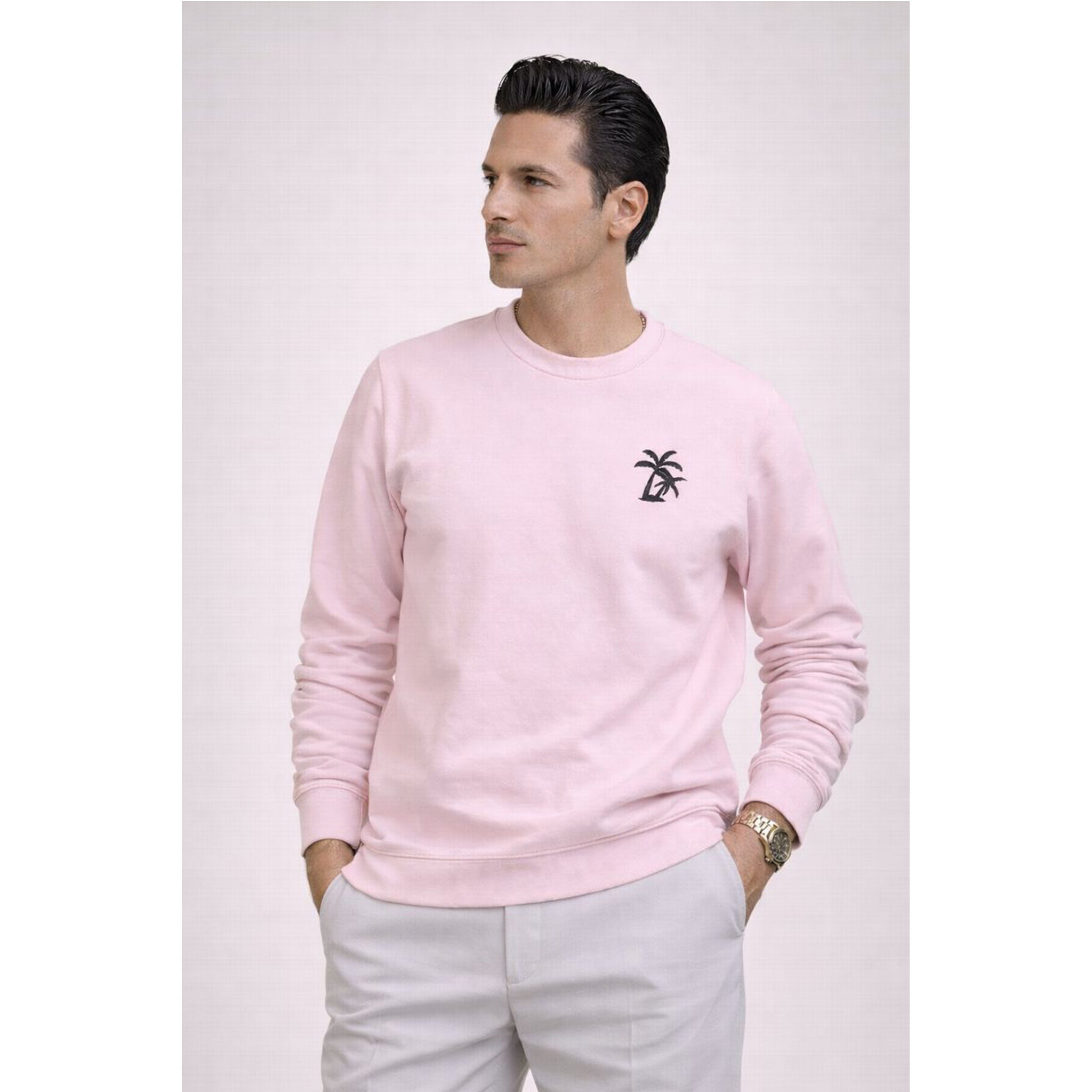 Pink Palm Crewneck Sweatshirt — Small Palm Tree Chest Embroidered Sweatshirt