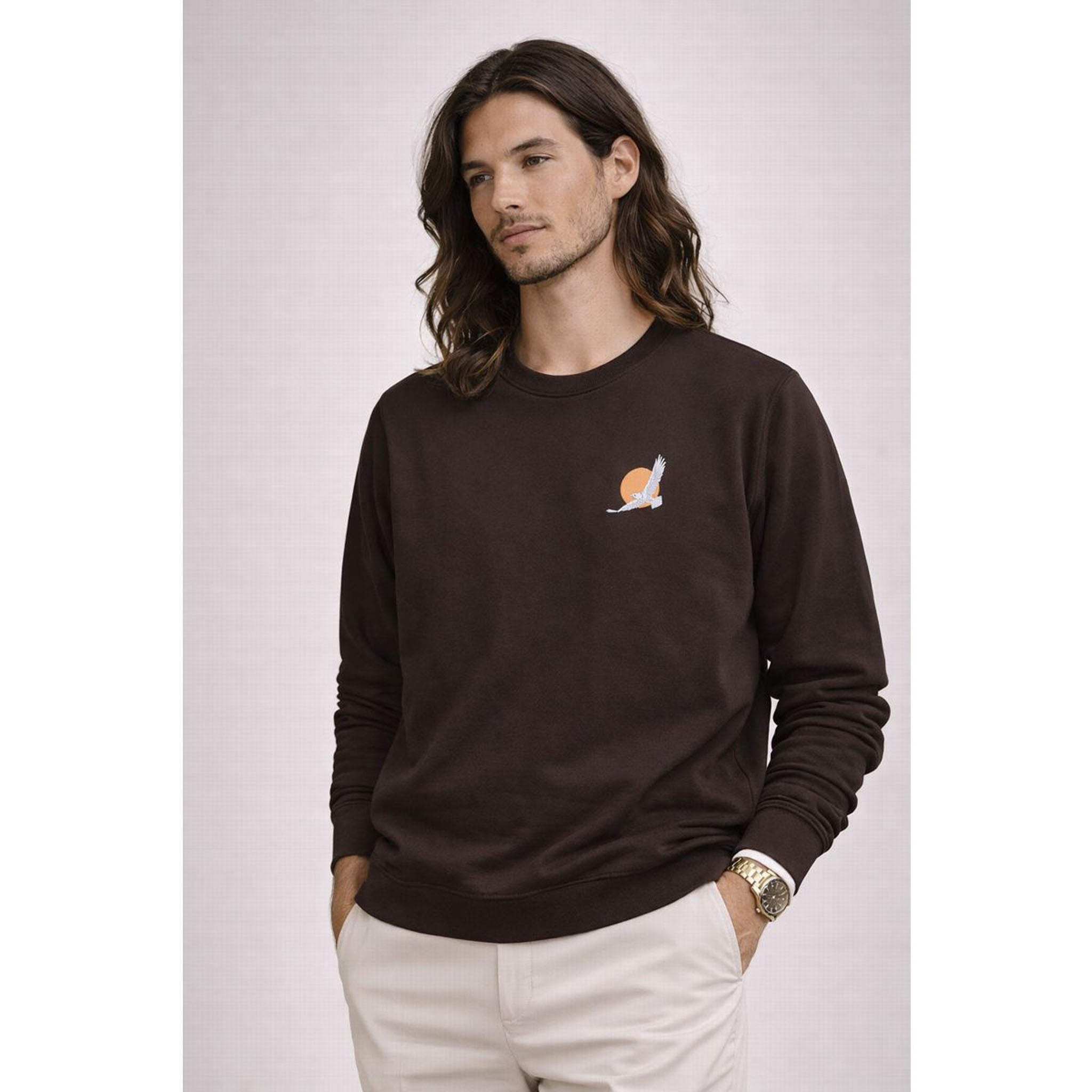 Minimal Sunrise Crewneck Sweatshirt  Small Sun & Feather Chest Graphic